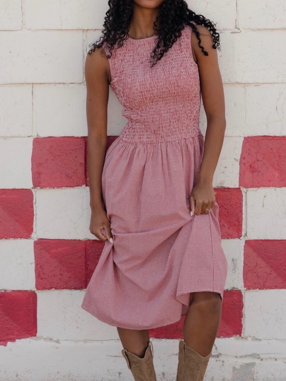 Japna Sleeveless Red Gingham Smocked Maxi Dress